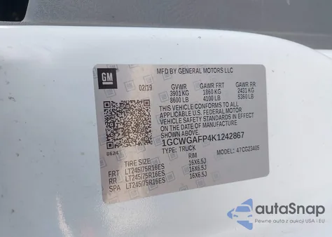 2019 Chevrolet Express 2500 Work Van from USA, damaged, VIN 1GCWGAFP4K1242867